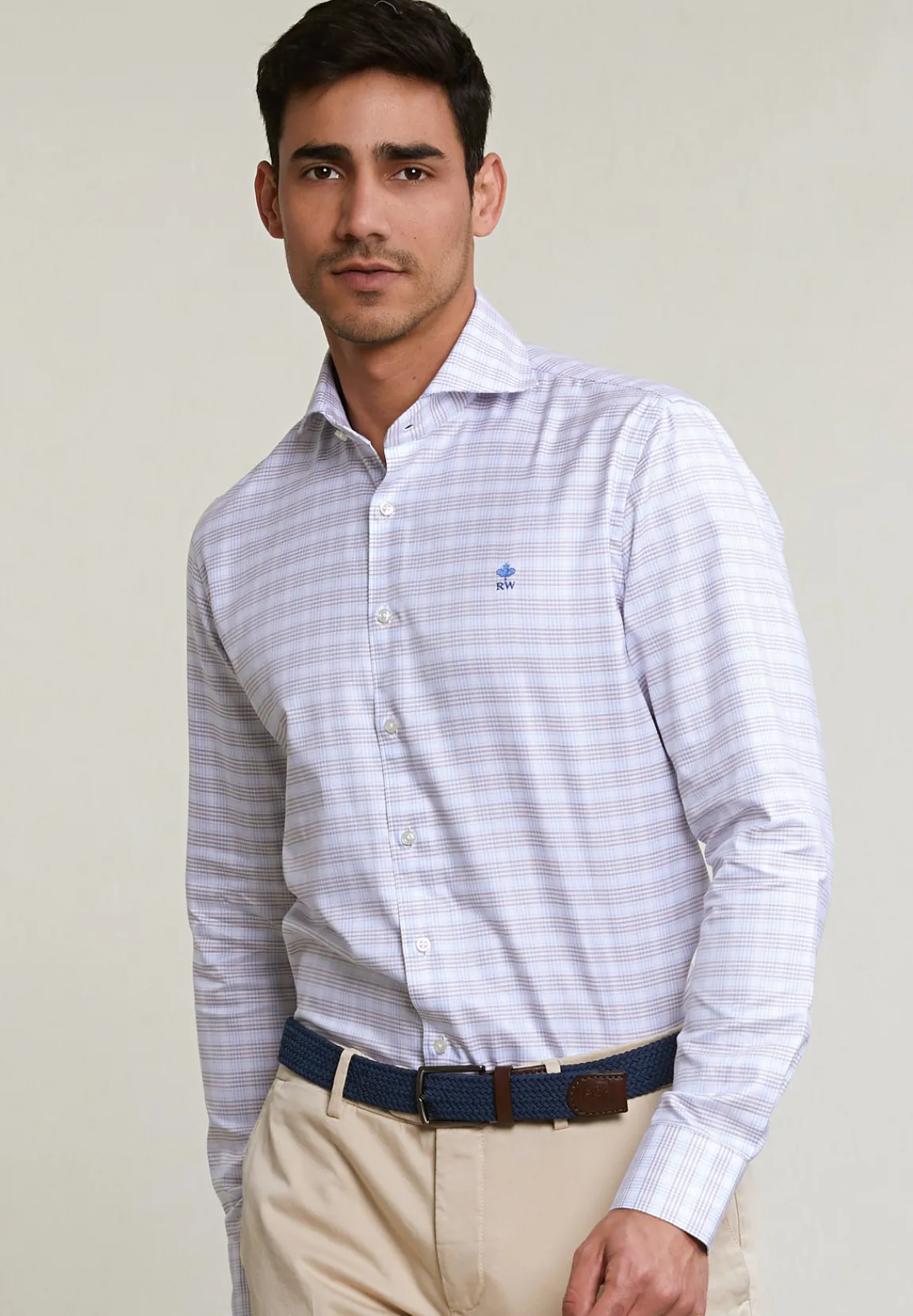 Outlet River Woods Custom fit geruit hemd bruin/wit -