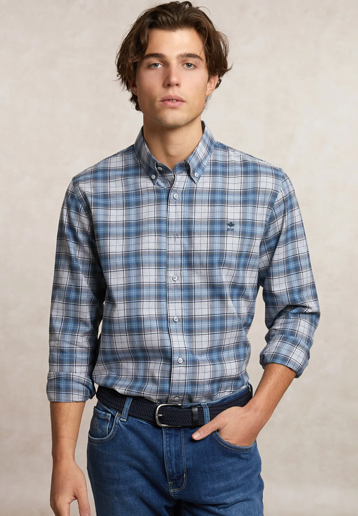 Outlet River Woods Custom fit geruit hemd grijs/blauw -