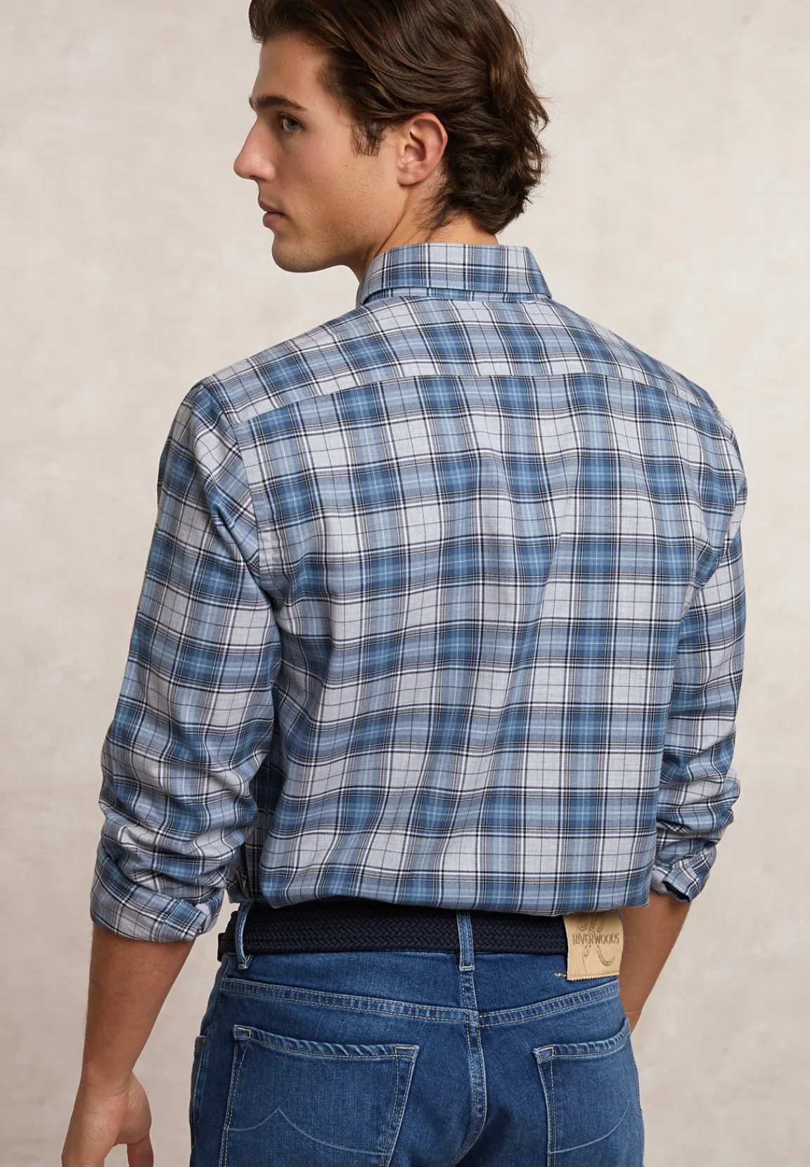 Outlet River Woods Custom fit geruit hemd grijs/blauw -