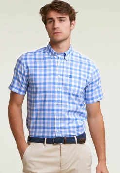 Online River Woods Custom fit geruit hemd korte mouwen blauw/wit -