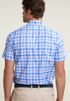 Online River Woods Custom fit geruit hemd korte mouwen blauw/wit -