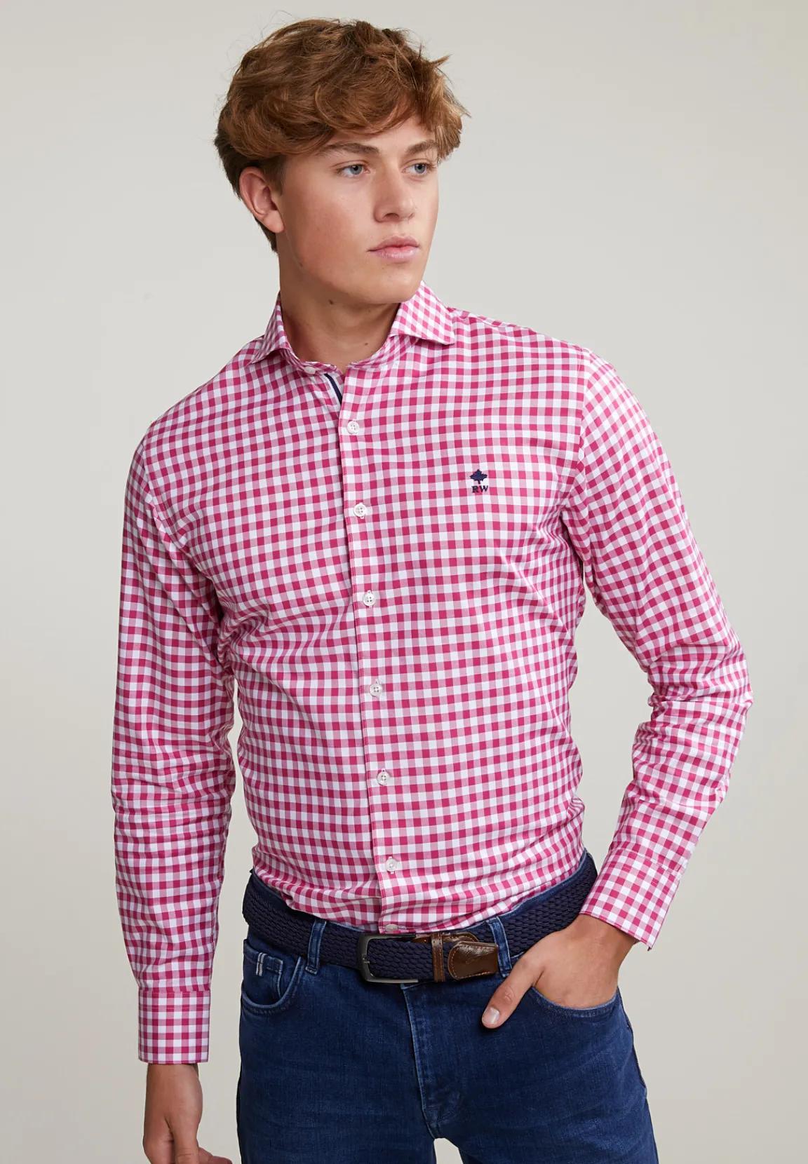 Online River Woods Custom fit geruit hemd wit/rood -