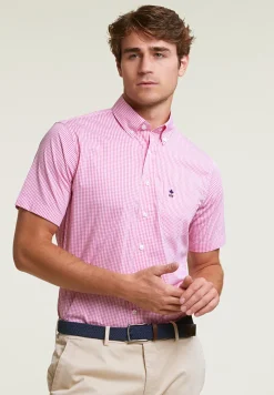 Outlet River Woods Custom fit geruite performance stretch hemd korte mouwen roze/wit -