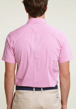 Outlet River Woods Custom fit geruite performance stretch hemd korte mouwen roze/wit -