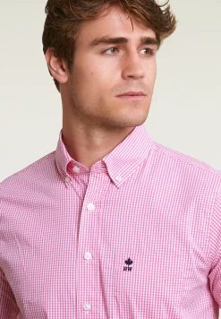 Outlet River Woods Custom fit geruite performance stretch hemd korte mouwen roze/wit -