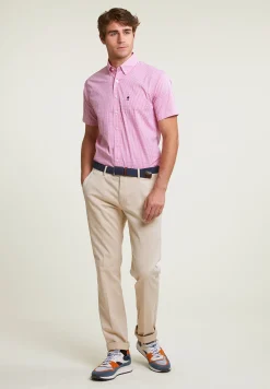 Outlet River Woods Custom fit geruite performance stretch hemd korte mouwen roze/wit -