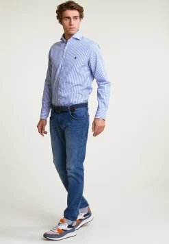 Outlet River Woods Custom fit gestreept hemd blauw/wit -