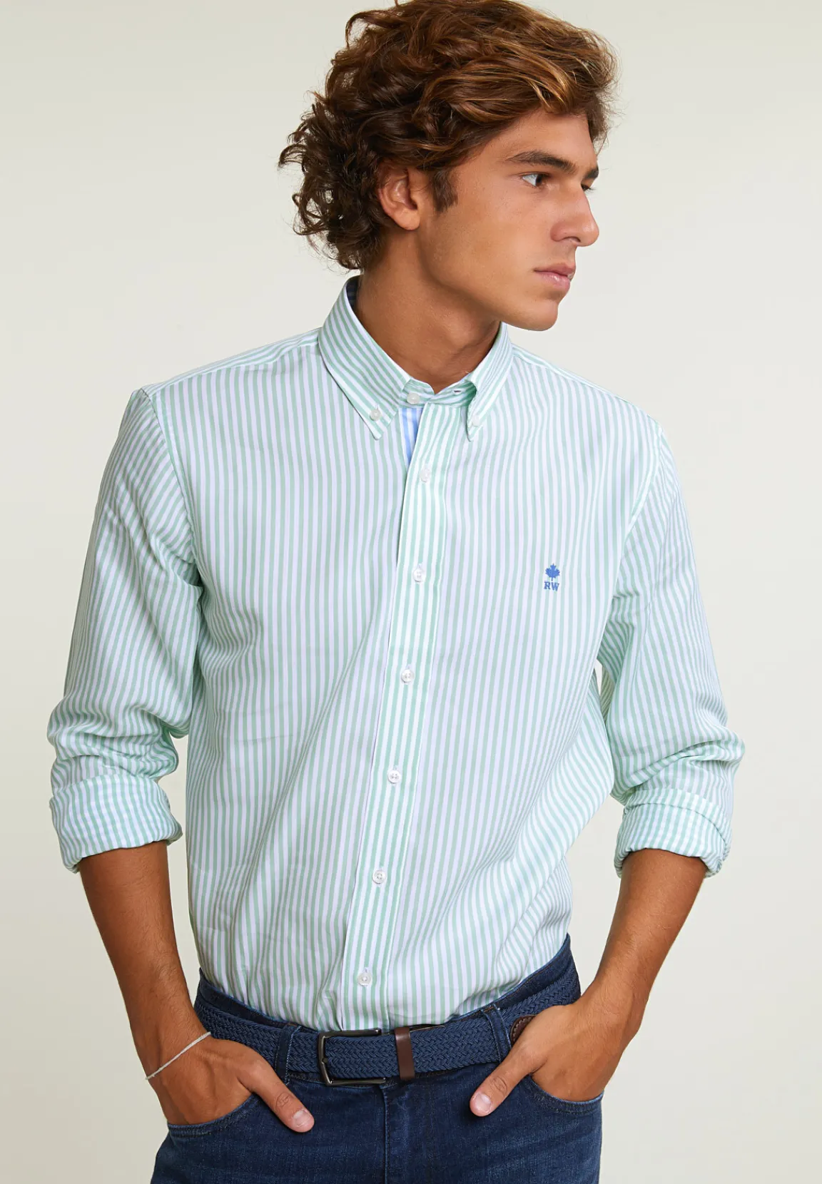 New River Woods Custom fit gestreept katoenen hemd groen/wit -