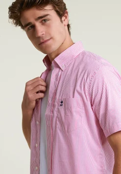 Best River Woods Custom fit gestreept performance stretch hemd korte mouwen roze/wit -