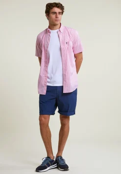 Best River Woods Custom fit gestreept performance stretch hemd korte mouwen roze/wit -