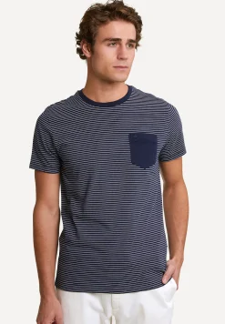 Outlet River Woods Custom fit gestreepte T-shirt borstzak navy -