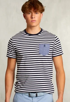 Clearance River Woods Custom fit gestreepte T-shirt met zak navy -