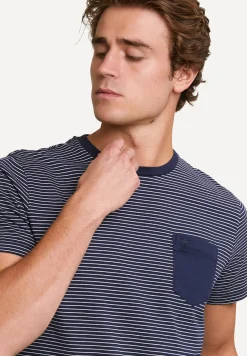 Outlet River Woods Custom fit gestreepte T-shirt borstzak navy -