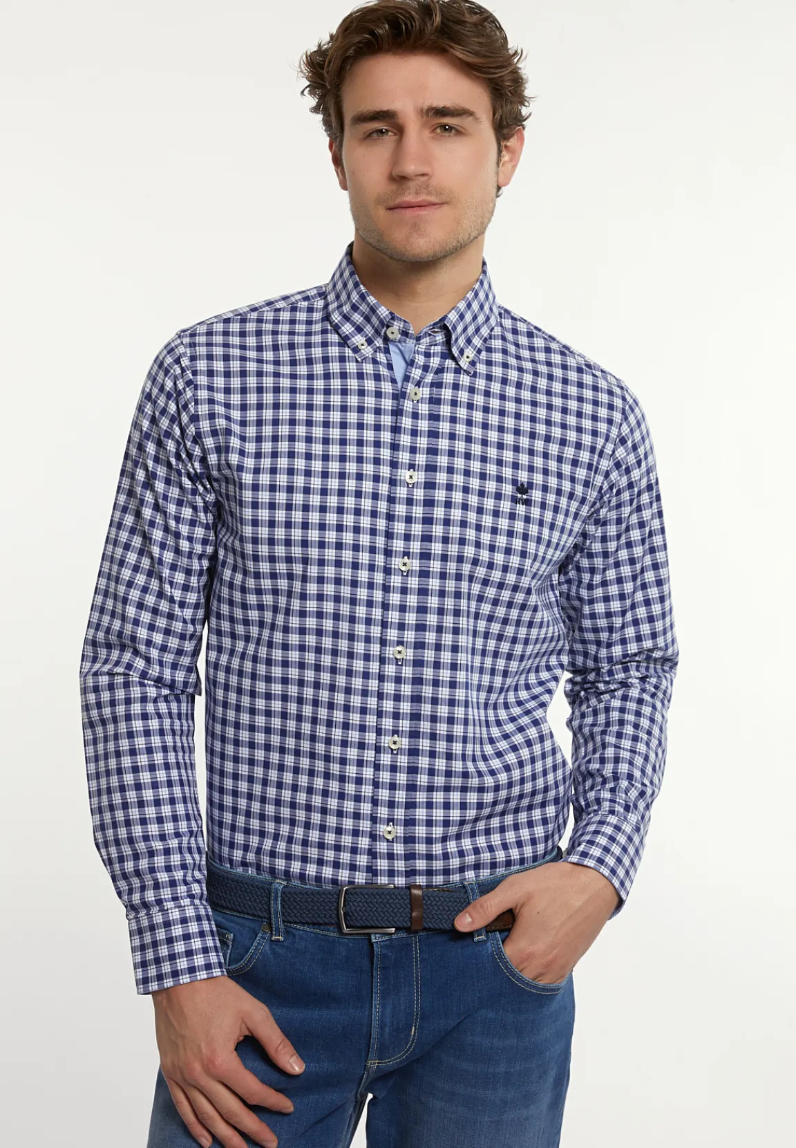Clearance River Woods Custom fit katoenen geruit hemd blauw-wit -