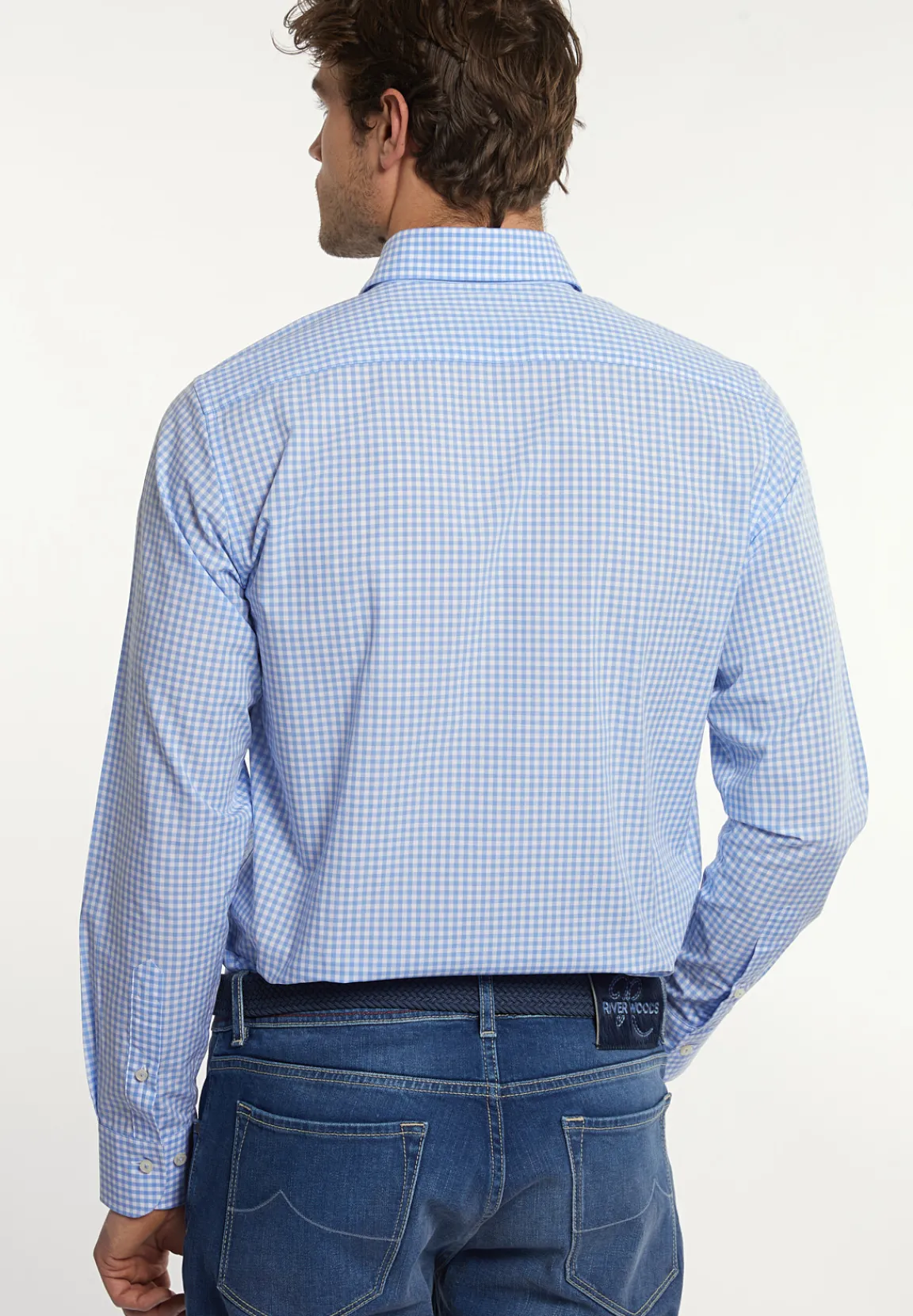 Clearance River Woods Custom fit katoenen geruit hemd wit-blauw -