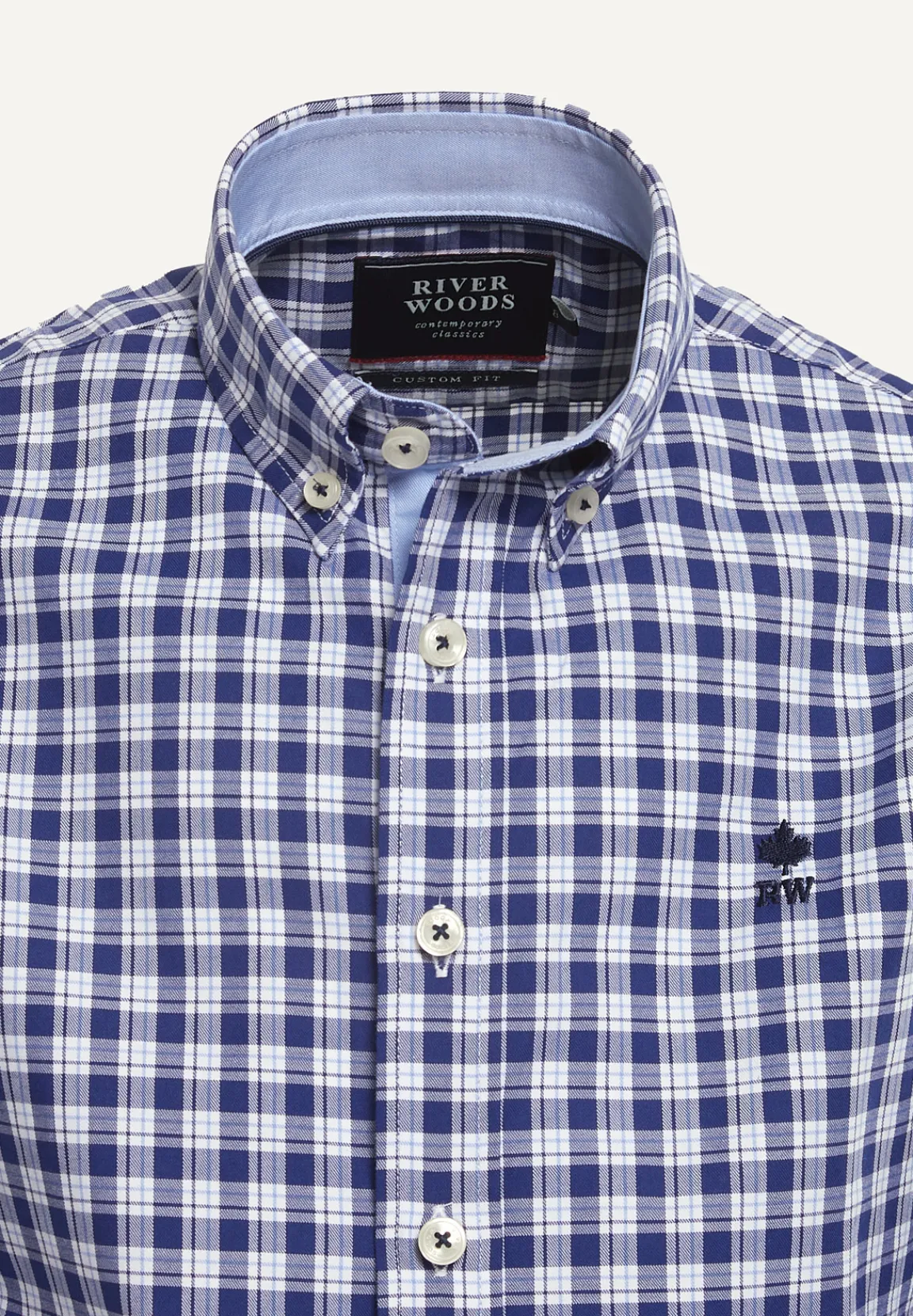 Sale River Woods Custom fit katoenen geruit hemd wit/blauw -