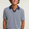Clearance River Woods Custom fit katoenen gestreepte V-hals trui korte mouwen blauw/écru -