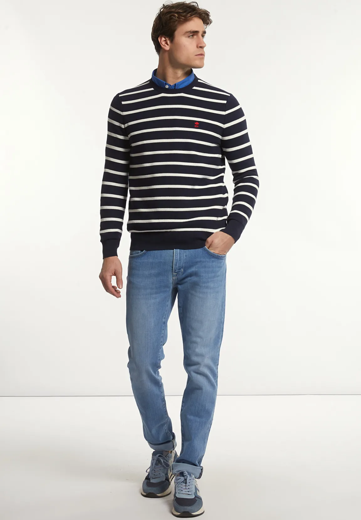 Discount River Woods Custom fit katoenen gestreepte trui navy/wit -