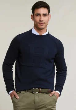 Hot River Woods Custom fit katoenen trui ronde hals dark navy -