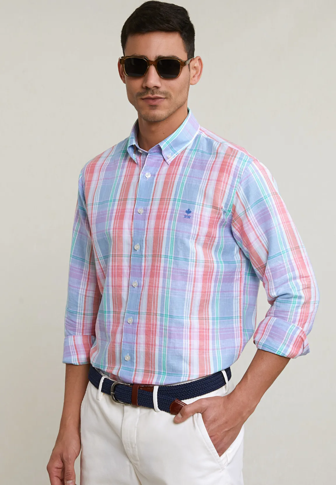 Online River Woods Custom fit katoen-linnen geruit hemd multi -