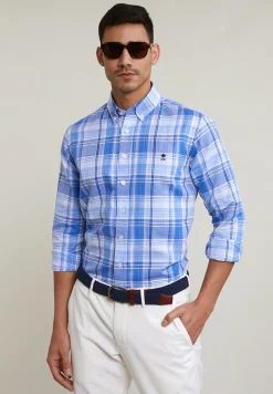 Hot River Woods Custom fit katoen-linnen geruit hemd blauw/wit -