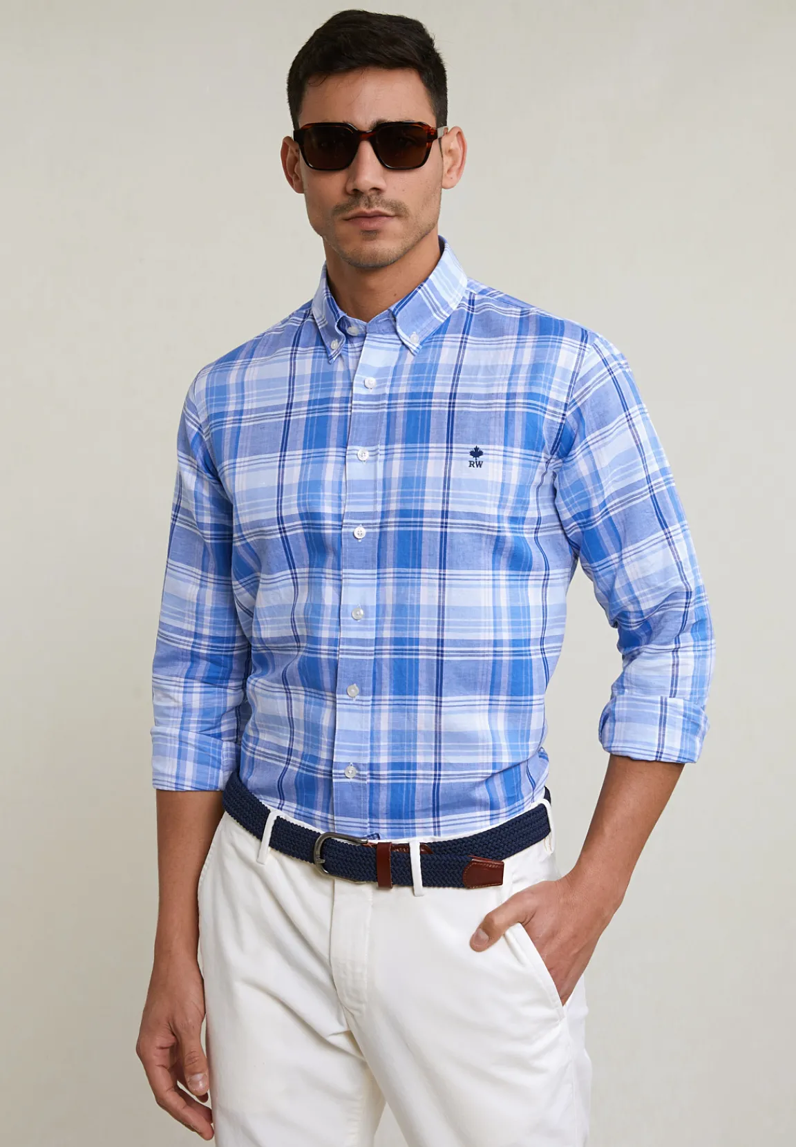 Hot River Woods Custom fit katoen-linnen geruit hemd blauw/wit -