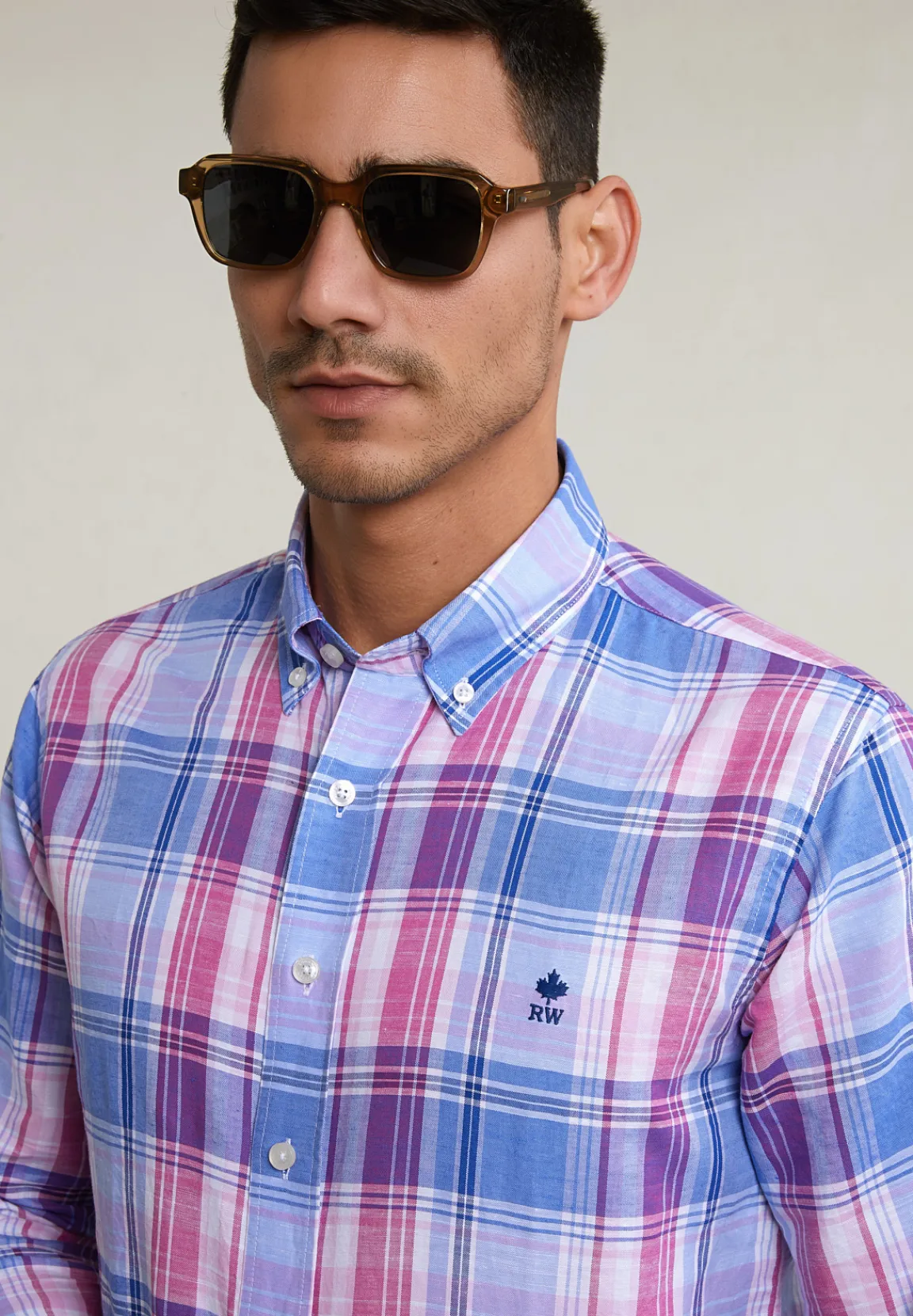 Outlet River Woods Custom fit katoen-linnen geruit hemd blauw/roze -