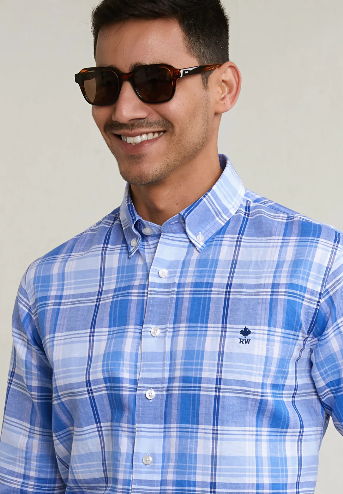 Hot River Woods Custom fit katoen-linnen geruit hemd blauw/wit -