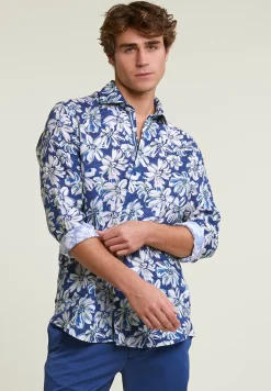 Hot River Woods Custom fit linnen gebloemd hemd blauw/groen -