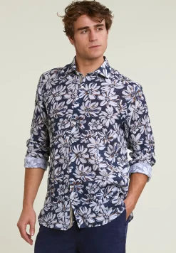 Hot River Woods Custom fit linnen gebloemd hemd bruin/blauw -