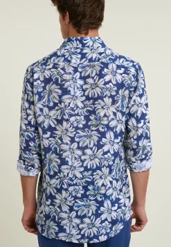 Hot River Woods Custom fit linnen gebloemd hemd blauw/groen -