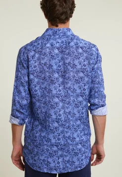 Hot River Woods Custom fit linnen gebloemd hemd blauw -