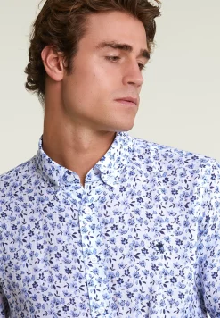 Fashion River Woods Custom fit linnen gebloemd hemd blauw/wit -