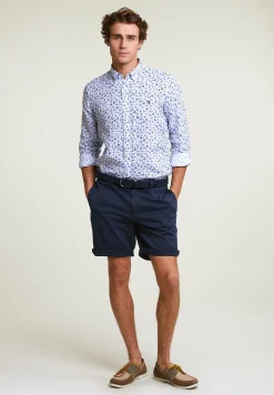 Fashion River Woods Custom fit linnen gebloemd hemd blauw/wit -