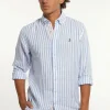New River Woods Custom fit linnen gestreept hemd blauw/wit -