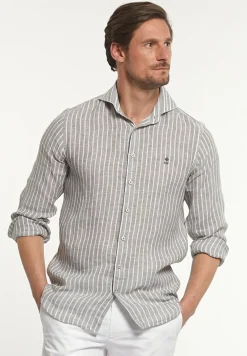 Hot River Woods Custom fit linnen gestreept hemd bruin/wit -