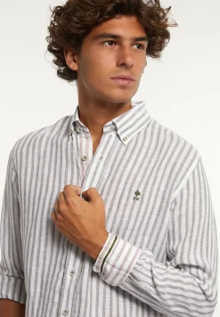 Discount River Woods Custom fit linnen gestreept hemd bruin/wit -