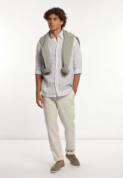 Discount River Woods Custom fit linnen gestreept hemd bruin/wit -