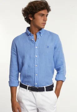 Fashion River Woods Custom fit linnen hemd lt caribbean blue -