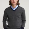 New River Woods Custom fit merino V-hals trui navy/oxford mix -