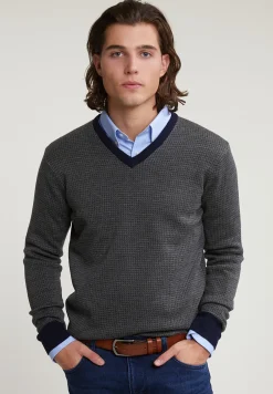 New River Woods Custom fit merino V-hals trui navy/oxford mix -