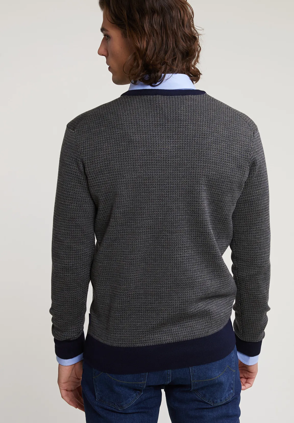 New River Woods Custom fit merino V-hals trui navy/oxford mix -