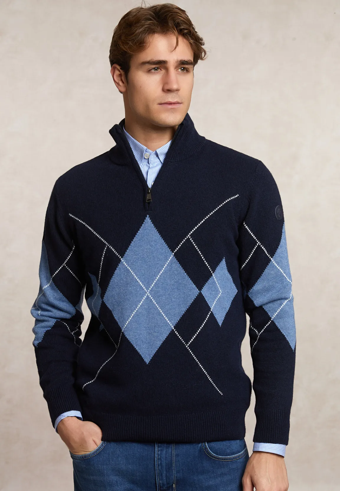 Discount River Woods Custom fit wol-kasjmier argyle trui halve rits navy/night sky mix -
