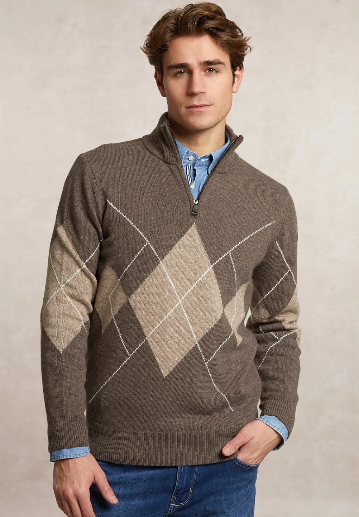 Hot River Woods Custom fit wol-kasjmier argyle trui halve rits hazel mix -