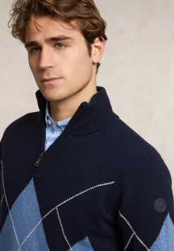 Discount River Woods Custom fit wol-kasjmier argyle trui halve rits navy/night sky mix -