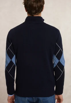 Discount River Woods Custom fit wol-kasjmier argyle trui halve rits navy/night sky mix -