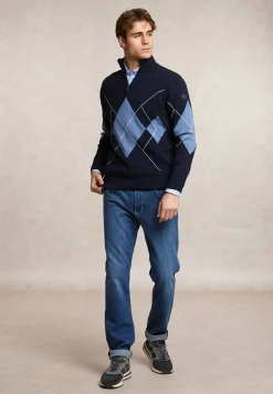 Discount River Woods Custom fit wol-kasjmier argyle trui halve rits navy/night sky mix -
