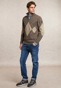 Hot River Woods Custom fit wol-kasjmier argyle trui halve rits hazel mix -