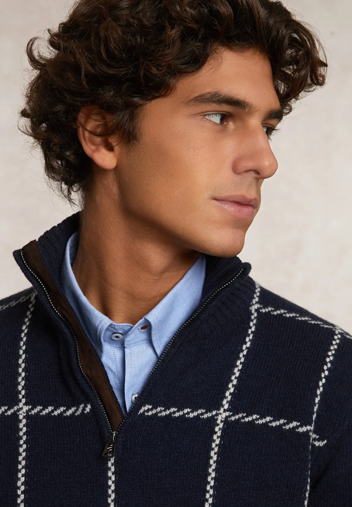 Clearance River Woods Custom fit zuivere scheerwol geruite trui opstaande kraag moonlight mix -