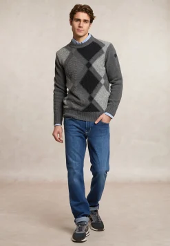 Sale River Woods Custom fit zuivere scheerwol geruite trui ronde hals dk grey mix -